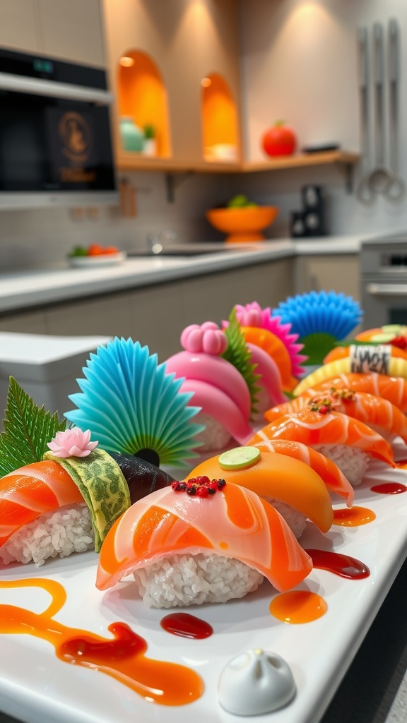 A creative platter of 3D printed sushi with vibrant colors and designs, alongside fresh ingredients and sauces.